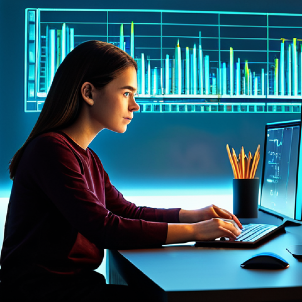 A focused young adult, gender-neutral, sitting calmly at a modern desk. They are wearing a comfortable, modest, professional-casual outfit, fully clothed, appropriate attire. Their gaze is fixed on a softly glowing, abstract holographic display that projects subtle, intricate patterns resembling energy flows or statistical graphs. A contemplative expression hints at strategic planning and anticipation. The environment is a sleek, minimalist study room with warm ambient lighting and a clean background, suggesting an organized mind. High-quality professional illustration, conceptual art style, detailed, cinematic lighting, vibrant colors, safe for work, appropriate content, family-friendly, perfect anatomy, correct proportions, natural pose, well-formed hands, proper finger count, natural body proportions.
