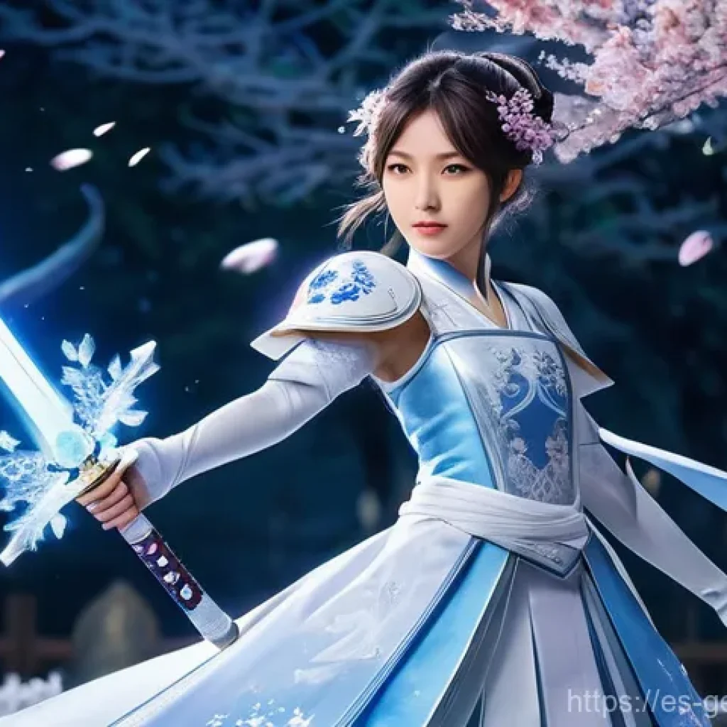 원신 특수 효과 무기 - **Prompt:** A full-body, dynamic action shot of Kamisato Ayaka, fully dressed in her traditional ele...