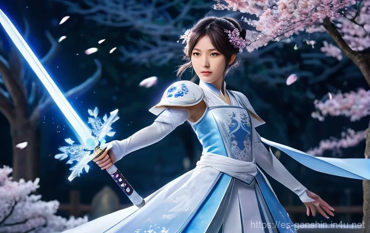 원신 특수 효과 무기 - **Prompt:** A full-body, dynamic action shot of Kamisato Ayaka, fully dressed in her traditional ele...