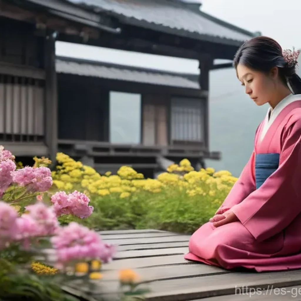 원신 이나즈마 숨겨진 업적 - A young woman named Hanayama Kaoru, dressed in a modest, traditional Inazuman outfit with long sleev...