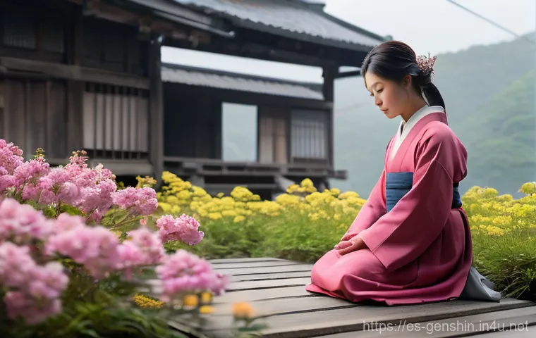 원신 이나즈마 숨겨진 업적 - A young woman named Hanayama Kaoru, dressed in a modest, traditional Inazuman outfit with long sleev...