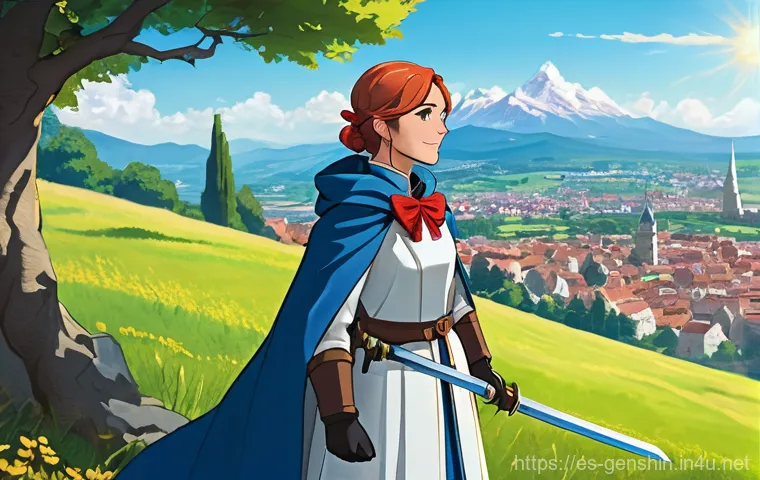 원신 초보 유저 게임플레이 - **Prompt:** A vibrant, anime-style illustration of the female Traveler (Lumine) standing confidently...