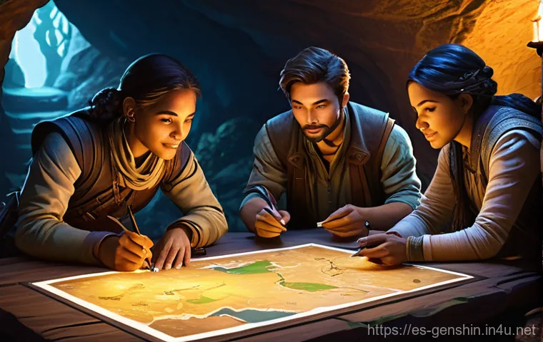 원신 탐험 지도 공유 - **Prompt 2: Frustration to Discovery – The Map's Triumph**
    "A split image or sequential depictio...